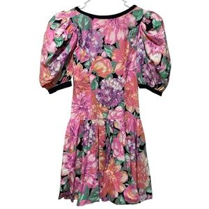 VTG‎ Leslie Lucks Floral Puff Sleeves Dress Sz 6 Bow Open Back Party Cocktail